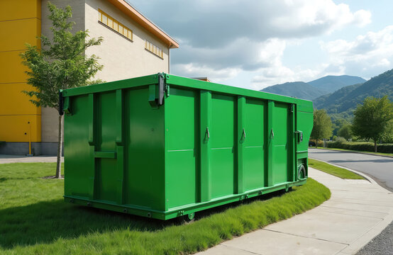 Large green dumpster sits on grass near building. Rubbish container awaits waste removal. For construction or renovation projects. Copy space available.