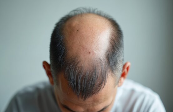 Man experiences hair loss showing baldness and thinning on his scalp. Receding hairline affects mature adult. Medical condition causes premature hair thinning. Stress related hair fall is visible.