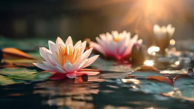 Close up of delicate water lilies floating on calm water sunlight