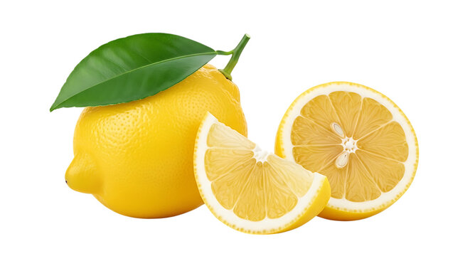 Whole lemon, with a green leaf and two cut lemon slices showing pulp and seeds isolated on a white or transparent background, cutout, PNG