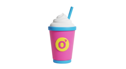 Pink 3 D rendered cup, with blue lid and straw topped with white whipped cream and a yellow circular logo with a pink letter O isolated on a white or transparent background, cutout, PNG