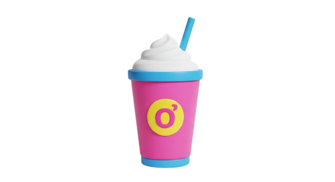 Pink 3 D rendered cup, with blue lid and straw topped with white whipped cream and a yellow circular logo with a pink letter O isolated on a white or transparent background, cutout, PNG - Powered by Adobe
