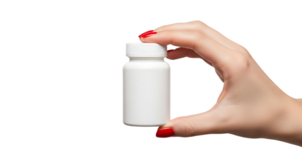 Woman's Hand with Red Nail Polish, Holding a Small White Pill Bottle isolated on a white or transparent background, cutout, PNG