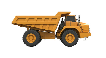 Bright yellow articulated dump truck, with large wheels and a spacious cargo bed isolated on a white or transparent background, cutout, PNG