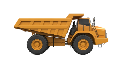 Bright yellow articulated dump truck, with large wheels and a spacious cargo bed isolated on a white or transparent background, cutout, PNG
