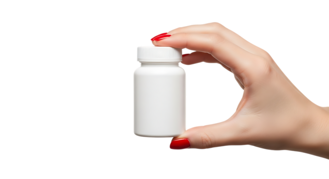 Woman's Hand with Red Nail Polish, Holding a Small White Pill Bottle isolated on a white or transparent background, cutout, PNG - Powered by Adobe
