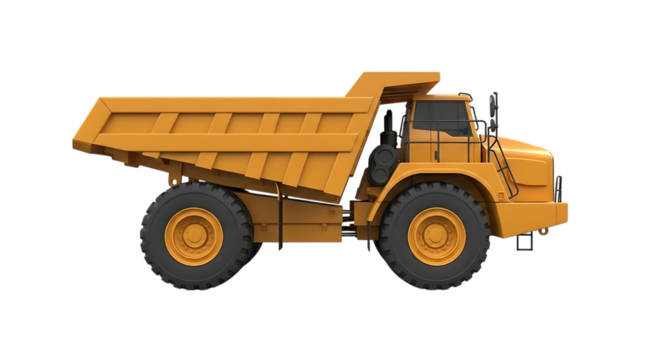 Bright yellow articulated dump truck, with large wheels and a spacious cargo bed isolated on a white or transparent background, cutout, PNG