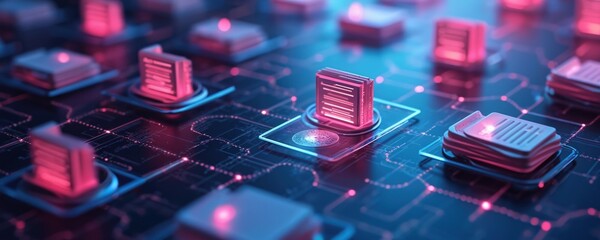 Digital files and folders arranged on a futuristic network grid. Data organization and management system with glowing neon circuits and nodes. Secure information access.