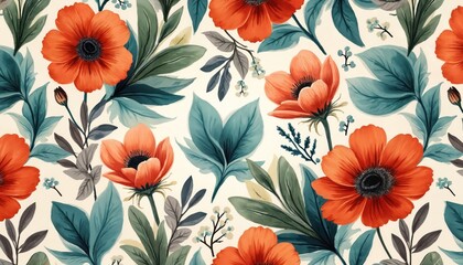 Vibrant orange flowers with teal green leaves create seamless floral pattern on light background. Botanical illustration features blooming poppy-like blossoms, various foliage branches. Gives fresh,