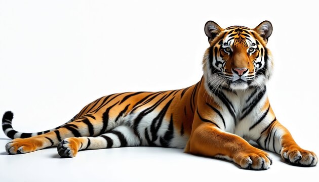 Orange Bengal tiger lies on white background. Majestic striped big cat rests, looking calmly straight ahead. This wild animal portrait shows its powerful presence and beautiful fur pattern, isolated.