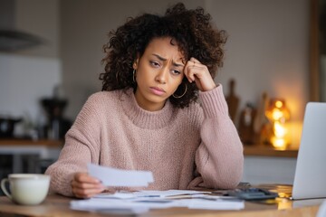 black woman with curly hair, worrying over paying her bills, concerned expression, late notice payment, debts