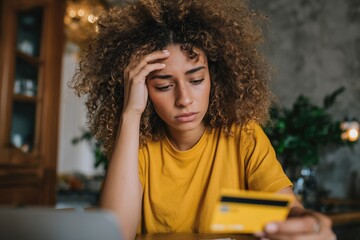 black woman with curly hair, worrying over paying her bills, concerned expression, late notice payment, debts