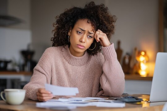 black woman with curly hair, worrying over paying her bills, concerned expression, late notice payment, debts