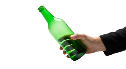 Hand holding a green glass bottle, with liquid inside isolated on a white or transparent background, cutout, PNG