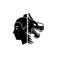 Obraz premium Intriguing black silhouette showcasing duality between human and dragon spirit