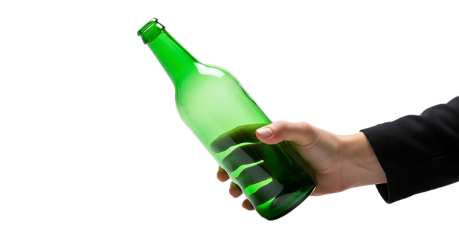 Hand holding a green glass bottle, with liquid inside isolated on a white or transparent background, cutout, PNG