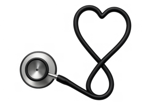 Stethoscope tubing forming a heart shape, representing cardiology, healthcare, and medical care, transparent background