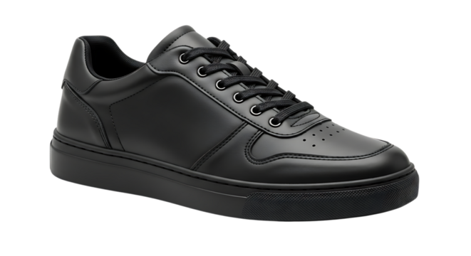 Black Leather Low Top Sneakers, with Black Laces and White Stitching isolated on a white or transparent background, cutout, PNG