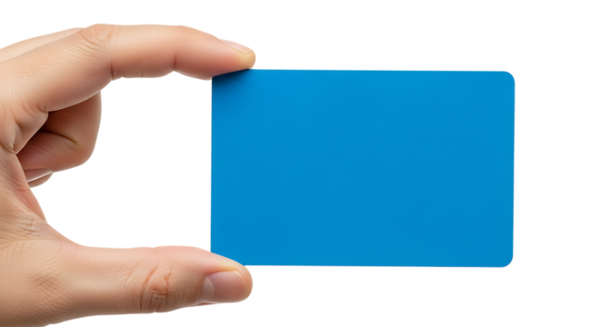 Human hand holding a blank blue rectangular card, with rounded corners isolated on a white or transparent background, cutout, PNG