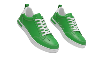 Pair of bright green low-top sneakers, with white laces and soles isolated on a white or transparent background, cutout, PNG