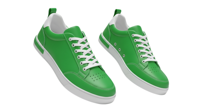 Pair of bright green low-top sneakers, with white laces and soles isolated on a white or transparent background, cutout, PNG