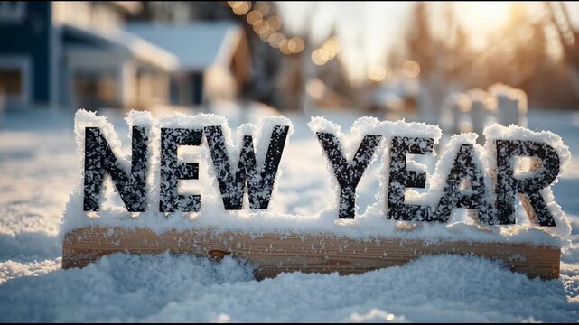 Glittering new year message in snowy winter area with festive light background and cozy vibes