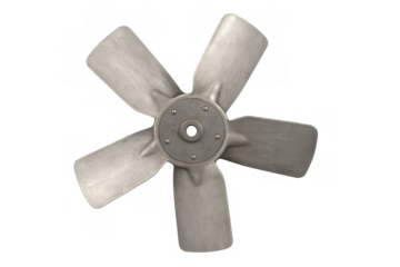 Metal cooling fan propeller system providing ventilation and air circulation for engine parts, isolated on transparent background