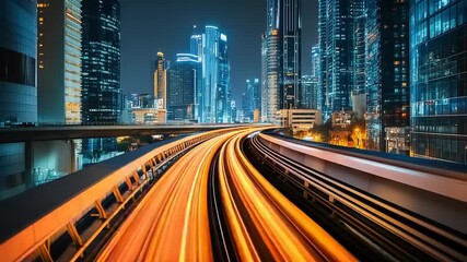 Nighttime cityscape with illuminated skyscrapers and train