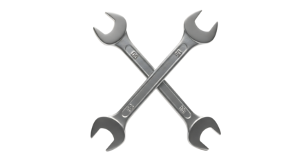 Two silver combination wrenches, crossed forming an X shape on a isolated on a white or transparent background, cutout, PNG