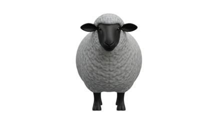 A fluffy white sheep, with a black face and ears stands facing forward isolated on a white or transparent background, cutout, PNG