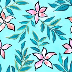 seamless pattern with pink flowers on  turquoise  colour background 