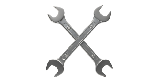 Two silver combination wrenches, crossed forming an X shape on a isolated on a white or transparent background, cutout, PNG
