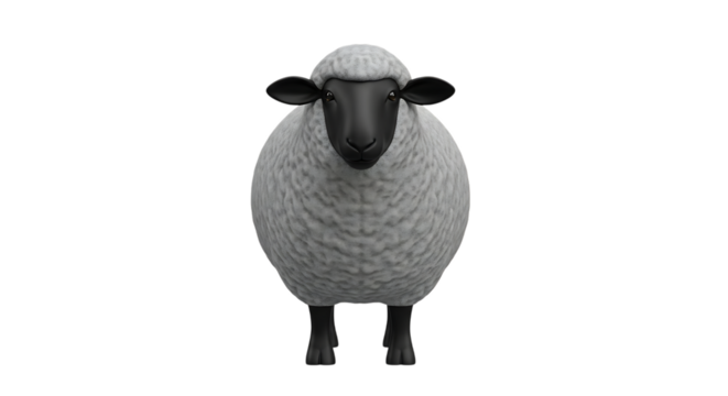 A fluffy white sheep, with a black face and ears stands facing forward isolated on a white or transparent background, cutout, PNG