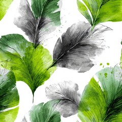 Naklejka premium Green and black foliage watercolor seamless pattern on white. Tropical leaf design with natural texture for textile, wallpaper, and fabric.