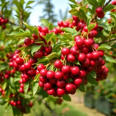 Obraz premium Cherry tree branches full of ripe red cherries, a picturesque orchard setting.