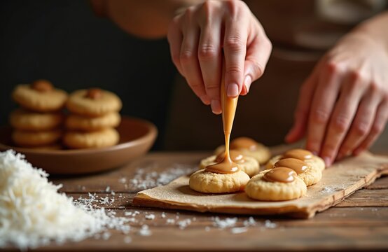 Woman hands pipe sweet dulce de leche on round homemade alfajores cookies. Cook makes traditional Argentine dessert for home kitchen. Caramel cream spread on fresh baked biscuits. Shredded coconut