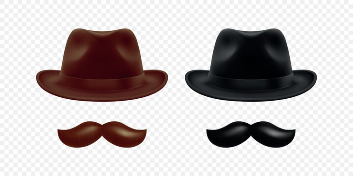 Vector 3d Realistic Hat and Mustache Set in Brown and Black. Vintage Gentleman Hat and Mustache for Barbershop, Retro Costume, Hipster Design. Hat and Mustache Illustration - Powered by Adobe