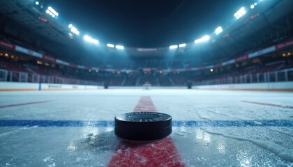 Hockey puck lies on ice at arena. Bright lights shine above rink. The puck lies on red line in the centre. Sport theme related to game and tournament.