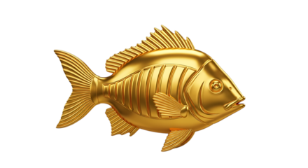 Shiny Golden Fish Sculpture, with Detailed Fins and Scales isolated on a white or transparent background, cutout, PNG
