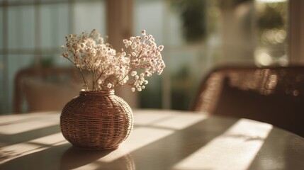 Floral arrangement in a rustic woven vase bathed in gentle morning sunlight