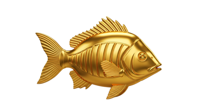Shiny Golden Fish Sculpture, with Detailed Fins and Scales isolated on a white or transparent background, cutout, PNG