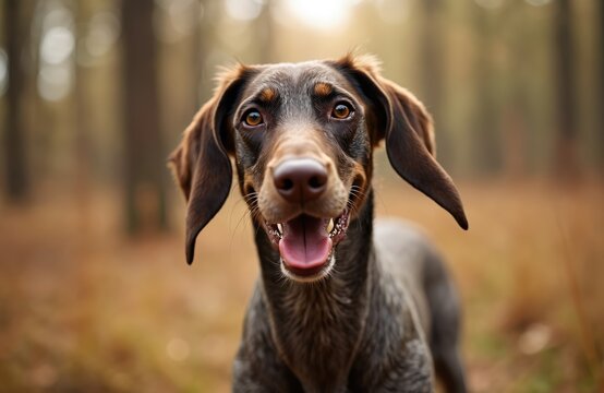 Joyful brown dog runs through sunny autumn forest area. Pet smiles with open mouth, pink tongue out, dark eyes alertly looking at camera. Energetic purebred Bohemian Pointer hunting dog enjoys wild