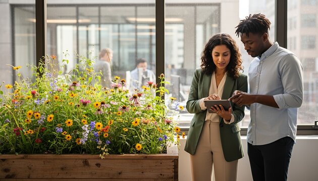 Young business professionals collaborating with tablet in modern office native wildflower patch - Powered by Adobe