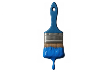 Paint brush with blue paint dripping, tool for art, renovation, diy, creative work, isolated on transparent background