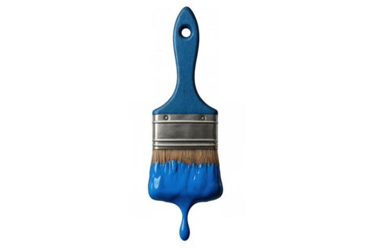 Paint brush with blue paint dripping, tool for art, renovation, diy, creative work, isolated on transparent background
