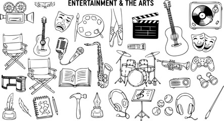 Hand-drawn Doodle Collection of Entertainment and Arts Elements: Music, Film, Theater, Gaming, and Creative Hobbies © evalova