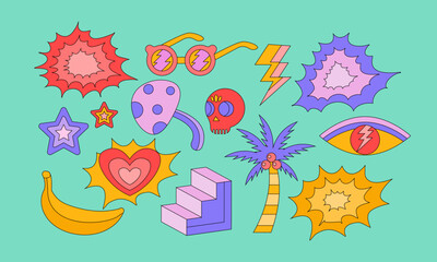 Psychedelic Pop Art Stickers: Groovy 70s Retro, Explosion, and Hippie Doodle Set