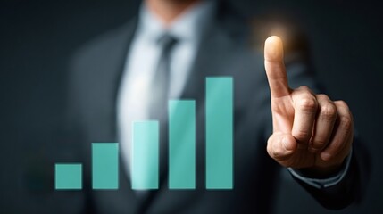 Businessman's hand interacting with a glowing bar chart on a digital interface, symbolizing financial success, increasing investment, and future business strategy with technological innovation