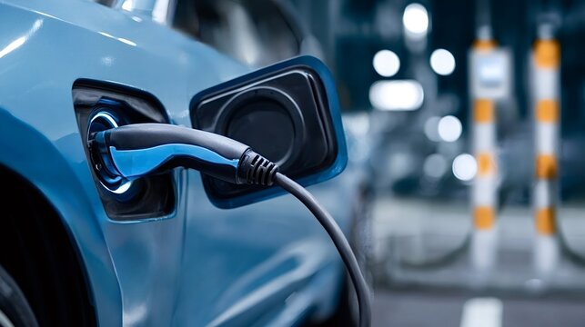 Electric car charging its battery at a station, representing sustainable transportation, clean energy, and the future of automotive technology and green infrastructure