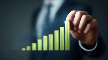 Business hand placing a glowing green bar on a rising graph, symbolizing financial growth, strategic development, investment success, and increasing profit in a professional corporate environment